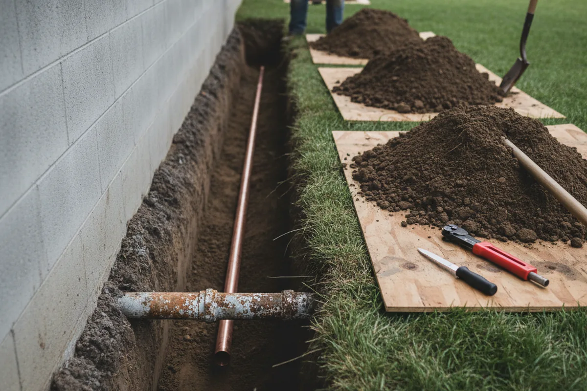 Excavated water line trench during Sewer Line Repair in Cope